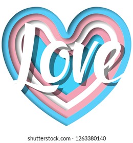 Transgender pride symbol. LGBT rights concept. Blue, pink and white colored Heart with love. equality emblem. Valentine with paper cut effect style. Saint Valentine's Day greetings card