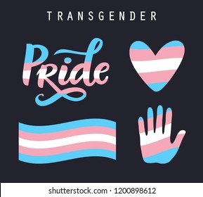 Transgender pride symbols. LGBT rights concept. Blue, pink and white trans flag, equality emblem. Parades event announcement banner, placard typographic vector design.