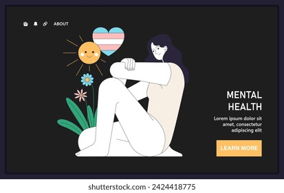 Transgender pride web or landing. Trans woman self-reflection and mental health awareness. Gender identity affirmation. Trans rights and identity. Flat vector illustration