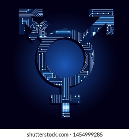 Transgender symbol filled with electronic circuit. Blue and light background.