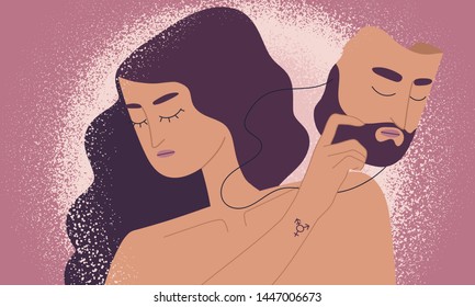 Transgender or transsexual woman holding mask with male face. Concept of person trying to define his or her own gender. Non-binary, genderqueer or genderfluid. Flat cartoon vector illustration.