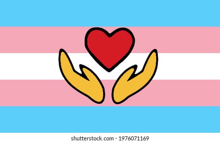 Transgender vector flag with health care hart in hands medical sign. Biden revives LGBT protections against healthcare discrimination in United states of America. Gay and transgender people.