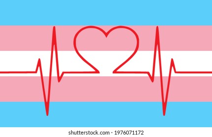 Transgender vector flag with red medical heart pulse sign. Biden revives LGBT protections against healthcare discrimination in United states of America. Gay and transgender people.