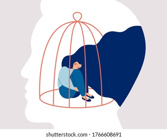 Transgender woman locked in a cage in the male head. Concept of person cross-gender behavior. Restrictions the ability of transgender in society. Vector human character illustration