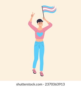 Transgender woman with rainbow flag showing peace sign. International Transgender Visibility Day. LGBT equality, diversity, inclusion concept. 