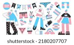 Transgenders mtf and ftm with trans symbols and colors. Genderqueer and crossdressers rights concept. LGBTQ+ equality and pride vector flat illustration set. Social and medical transition.