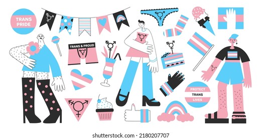 Transgenders Mtf And Ftm With Trans Symbols And Colors. Genderqueer And Crossdressers Rights Concept. LGBTQ+ Equality And Pride Vector Flat Illustration Set. Social And Medical Transition.