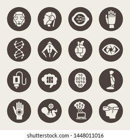 Transhuman technologies vector icons. AI, genetic engineering, VR, life extension, nano medical concept symbols