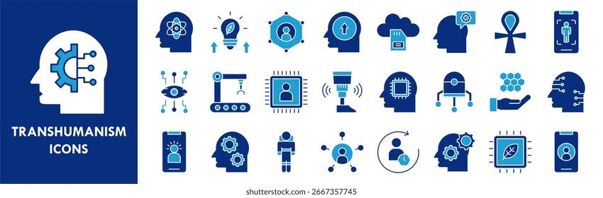 Conjunto de coleção de ícones de transumanismo. Contendo tecnologia de design, futurista, humana, digital, inteligência, ai