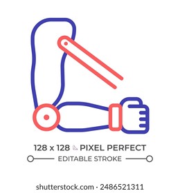 Transhumeral prosthetic arm two color line icon. Biomedical engineering. Robotic technology. Bionic exoskeleton bicolor outline symbol. Duotone linear pictogram. Isolated illustration. Editable stroke