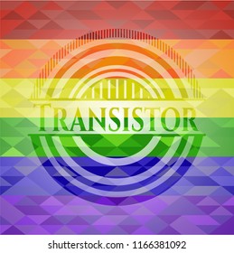 Transistor emblem on mosaic background with the colors of the LGBT flag