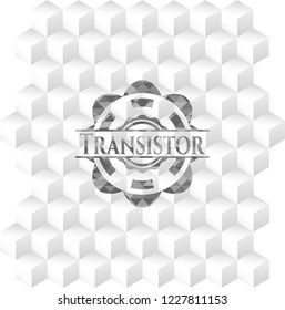 Transistor realistic grey emblem with cube white background