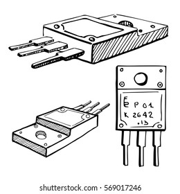 Transistors isolated on white background. Vector illustration in a sketch style.