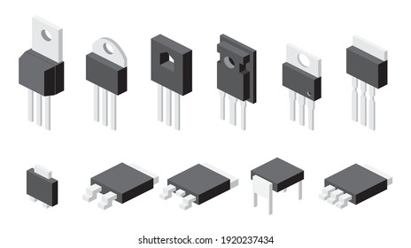 Transistors Set Isolated on White Background. Vector Illustration. Isometric Electronic Components. Icons Set.