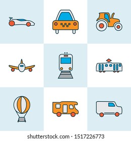 Transit icons colored line set with tractor, campervan, sport car and other agriculture car elements. Isolated vector illustration transit icons
