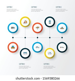 Transit icons colored line set with ship, train, city car and other streetcar elements. Isolated vector illustration transit icons.
