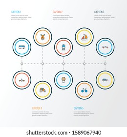 Transit icons colored line set with cabriolet, air balloon, city car and other autobus elements. Isolated vector illustration transit icons.