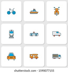 Transit icons colored line set with train, bicycle, scooter and other truck elements. Isolated vector illustration transit icons.