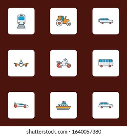 Transit icons colored line set with motorcycle, plane, city car and other agriculture car elements. Isolated vector illustration transit icons.