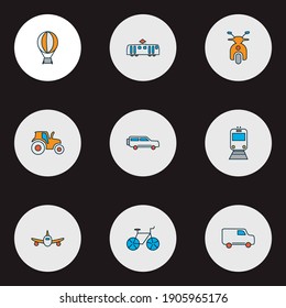 Iconos de tránsito coloridos con scooter, suv, tractor y otros elementos de la aeronave. Iconos de tránsito de ilustraciones vectoriales aisladas.