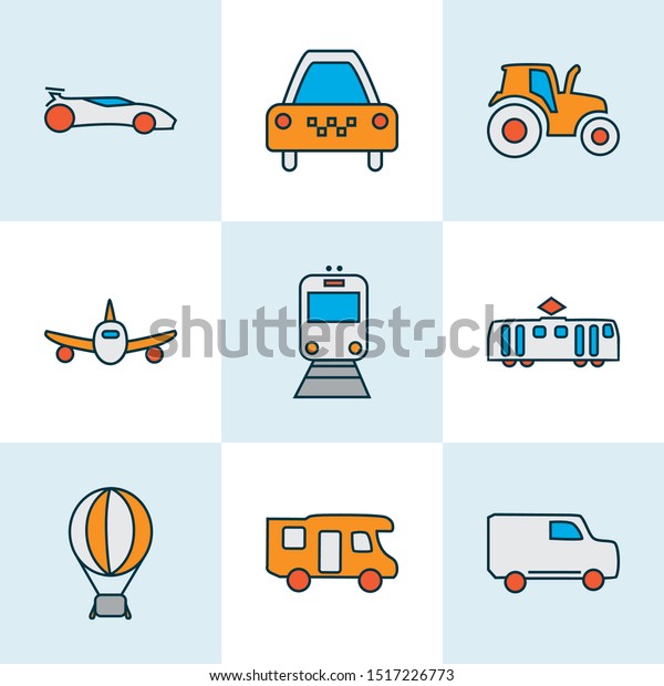 Transit icons colored line set with tractor,\
campervan, sport car and other agriculture car elements. Isolated\
vector illustration transit\
icons