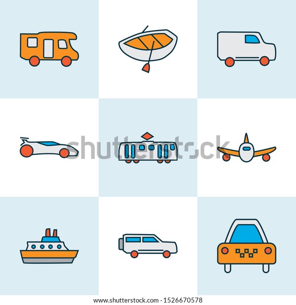 Transit icons colored line set with boat, suv,\
cruise and other automobile elements. Isolated vector illustration\
transit icons.