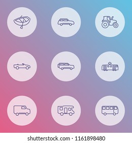 Transit icons line style set with tractor, city car, campervan and other train elements. Isolated vector illustration transit icons.