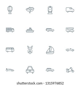 Transit icons line style set with truck, train, ship and other automobile elements. Isolated vector illustration transit icons.