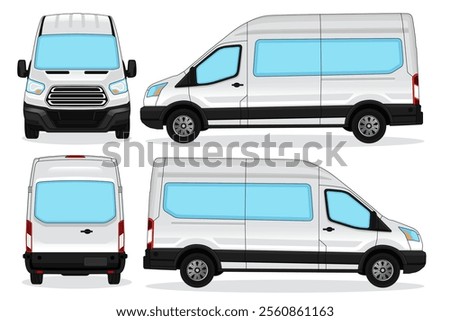 Transit Van car mockup vector for branding on white background. With Side, Front, Rear Views.