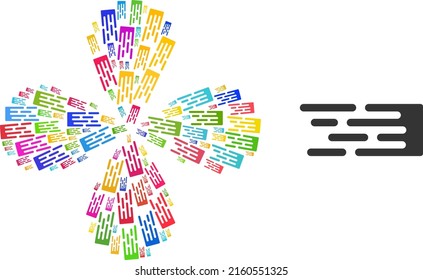 Icono de haz de transición flor giratoria multicolor con composición de 4 pétalos. Flor de objeto con cuatro pétalos diseñados a partir de símbolos de haz de transición aleatorios. Collage de iconos de flor vectorial en estilo plano.