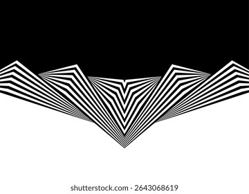 Transición de negro a blanco. Patrón de Vector simétrico de líneas negras sobre un fondo blanco con líneas retro. Elemento de diseño rayado. Fondo de Vector moderno.