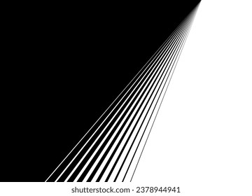 Transición de negro a blanco con líneas delgadas y perspectiva. Patrón de rayas vectoriales para cubiertas, redes sociales, publicidad, textiles, juguetes, tarjetas, videos. Fondo vectorial moderno