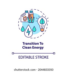 Transition To Clean Energy Concept Icon. Energy Industry Trend Idea Thin Line Illustration. Replacing Fossil Fuel. Climate Change Limitation. Vector Isolated Outline RGB Color Drawing. Editable Stroke