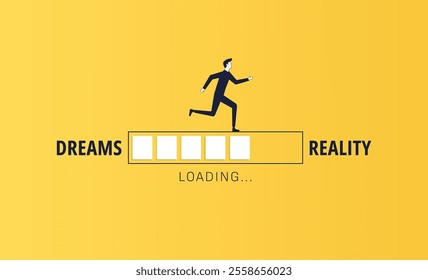 Transition of dreams into reality concept with a man running on the loading bar symbol, Realizing the dream 