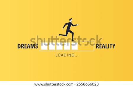 Transition of dreams into reality concept with a man running on the loading bar symbol, Realizing the dream 