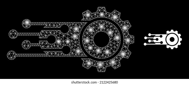 Transition gear icon and glare net mesh transition gear model with illuminated spots. Illuminated constellation is created from transition gear vector icon and polygonal mesh.