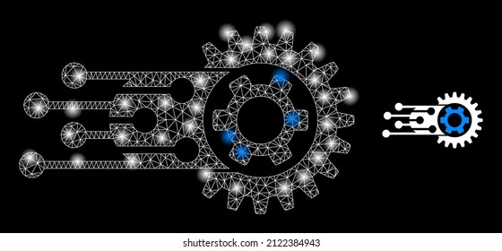 Transition gears icon and glare mesh net transition gears model with glossy spots. Illuminated constellation generated using transition gears vector icon and polygonal mesh.