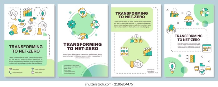 Transition to net zero green brochure template. Technology. Leaflet design with linear icons. Editable 4 vector layouts for presentation, annual reports. Arial-Bold, Myriad Pro-Regular fonts used