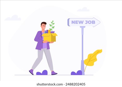 Transition to a new job, career, or opportunity. Embrace new challenges for success, improvement, and advancement. A businessman, carrying his belongings, moves on to a new job opportunity. Vector ill