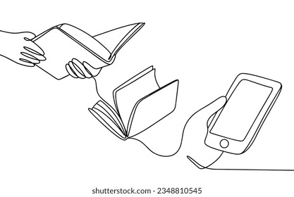 Transition from paper book to e-book. Read an Ebook Day. One line drawing for different uses. Vector illustration.