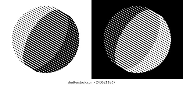 Transition parallel lines in circles. Abstract art geometric background for logo, icon, tattoo. Black shape on a white background and the same white shape on the black side.