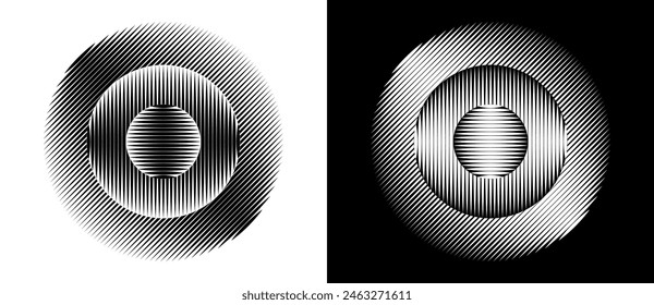 Transition parallel lines in circles. Abstract art geometric background for logo, icon, tattoo. Black shape on a white background and the same white shape on the black side.