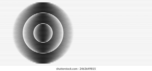 Transition parallel lines in circles. Abstract art geometric background for landing page. Black shape on a white background with lines.