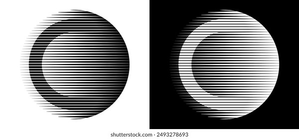 Transition parallel lines in circles. Abstract art geometric background for logo, icon, tattoo. Black shape on a white background and the same white shape on the black side.
