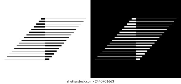 Transición de líneas paralelas en triángulos. Fondo geométrico abstracto del arte para el logotipo, el icono, el tatuaje. Forma negra sobre fondo blanco y la misma forma blanca en el lado negro.