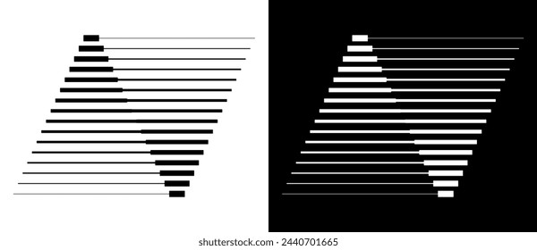 Transition parallel lines in triangles. Abstract art geometric background for logo, icon, tattoo. Black shape on a white background and the same white shape on the black side.