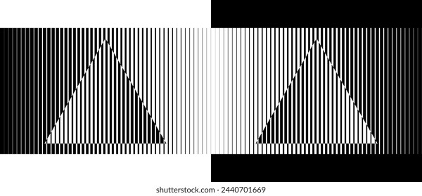 Transition parallel lines in triangles. Abstract art geometric background for logo, icon, tattoo. Black shape on a white background and the same white shape on the black side.