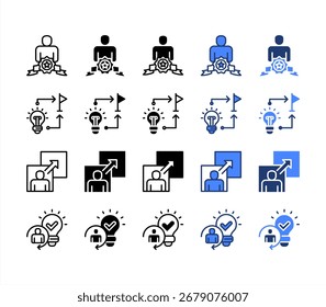 Transição, Realização, Exploração, Inovação, conjunto de ícones de vários estilos.