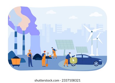 Transition to renewable energy sources vector illustration. Workers extracting fossil fuels watching modern man charging electric car from solar panels. Sustainability, oil industry concept