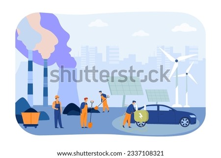 Transition to renewable energy sources vector illustration. Workers extracting fossil fuels watching modern man charging electric car from solar panels. Sustainability, oil industry concept